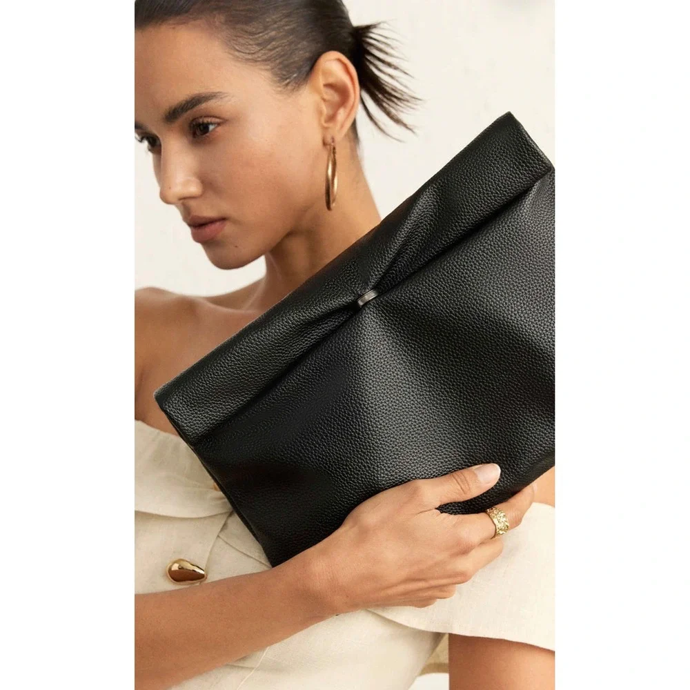 Micas Womens Faux Leather Clutch Bag Black Foldover Oversized Evening Pouch